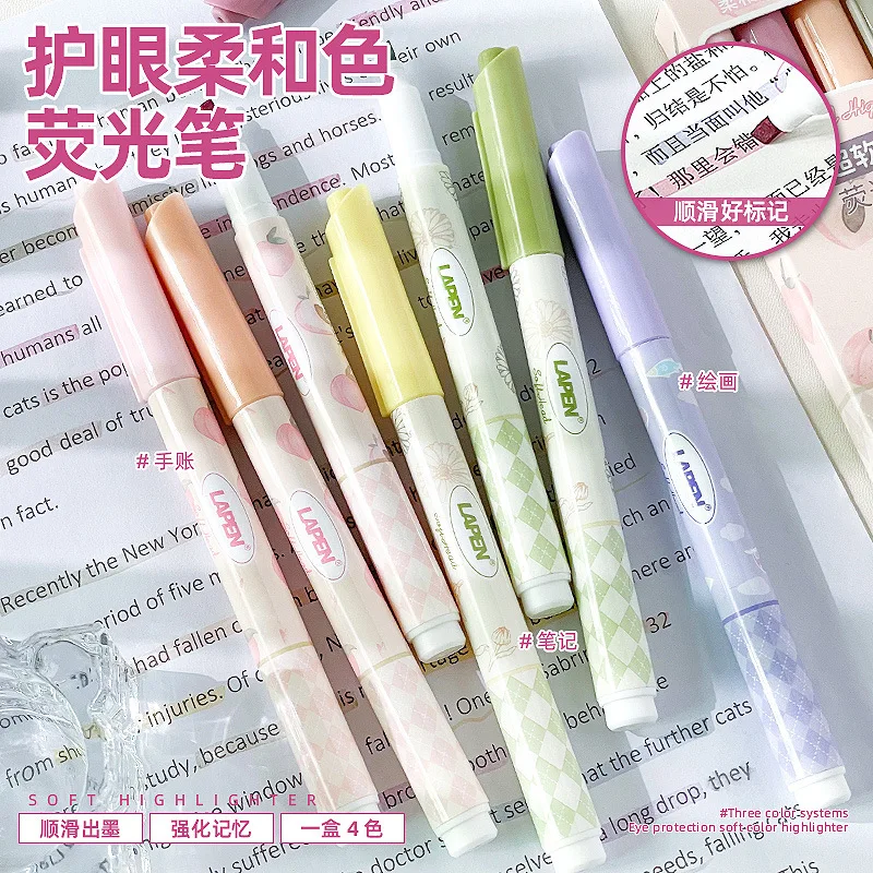 4Pcs Fresh Highlighter Pen Set Fiber Axe Shaped Pen Tip For Students To Draw Mark And Highlight School Supplies