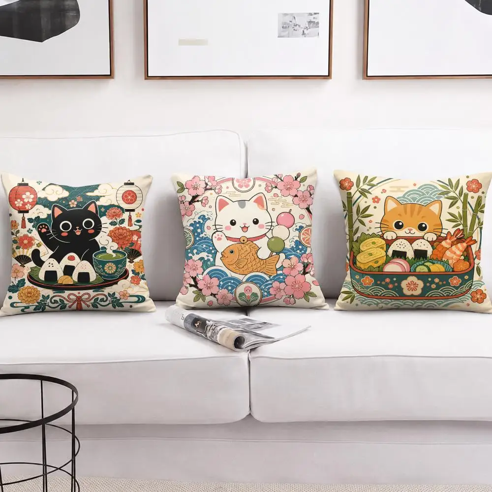 Kawaii Black Cat Ramen Noodle Art Cushion Cover Soft Short Plush Pillow Cases Hidden Zipper Sofa Bedroom Home Decor Gift