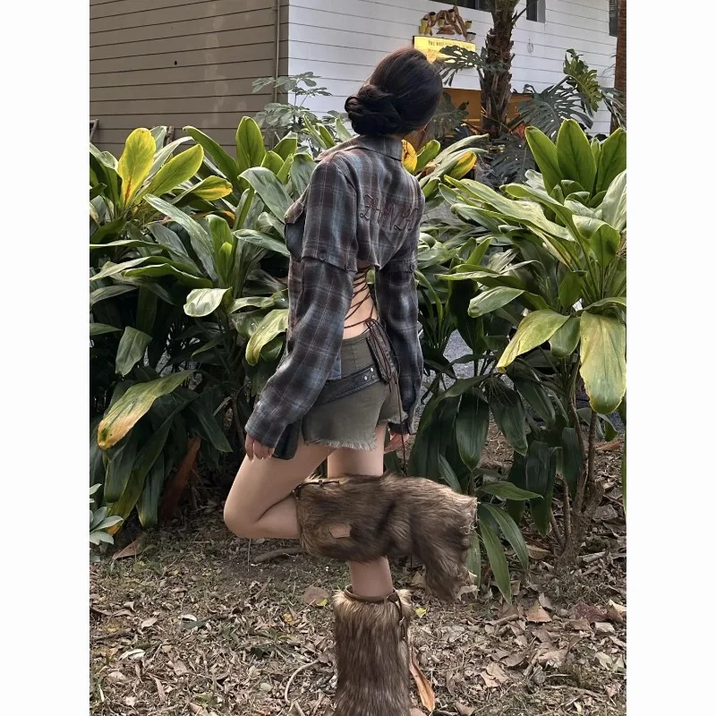 Deeptown Y2k Vintage Plaid Sexy Backless Women Shirt Detachable Sleeve American Fashion Aesthetic Blouses Slim Gyaru Summer 2025