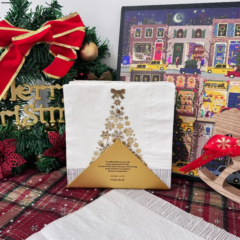 16pcs 33 * 33cm 2Layer Hot Selling Gold Stamping White Christmas Tree Napkins Christmas Disposable Table Mat DIY Decoupage Paper