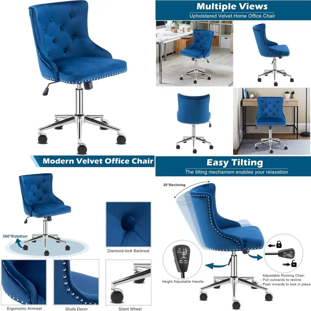 

Navy Velvet Office Chair with Gold Base, Adjustable Swivel Makeup Chair for Bedroom or Vanity Area