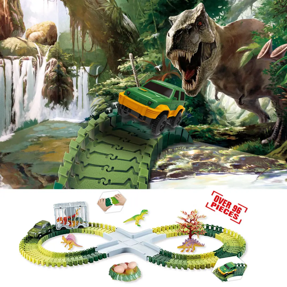 Dinosaur Railway Car Kids Track Racing Track Toys Set Bend Flexible Race Track Flash Light Car Educational Toys for Kids Gifs