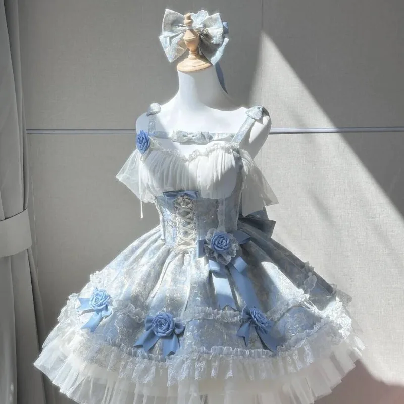 2025 New Japanese Korean Lolita Sweet Girl Jacquard Fabric Off-the-Shoulder Dress Female High Waist Lace-up Bow Princess Dresses