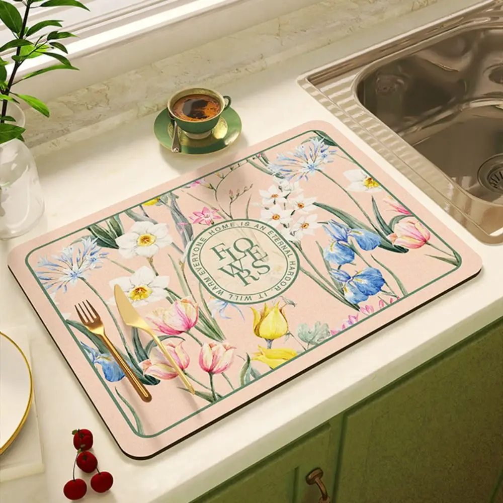 

Dinnerware Rug Super Absorbent Dish Drying Mat Flower Print Non-slip Draining Mat Quick Dry Vintage Drain Pad Table Decor