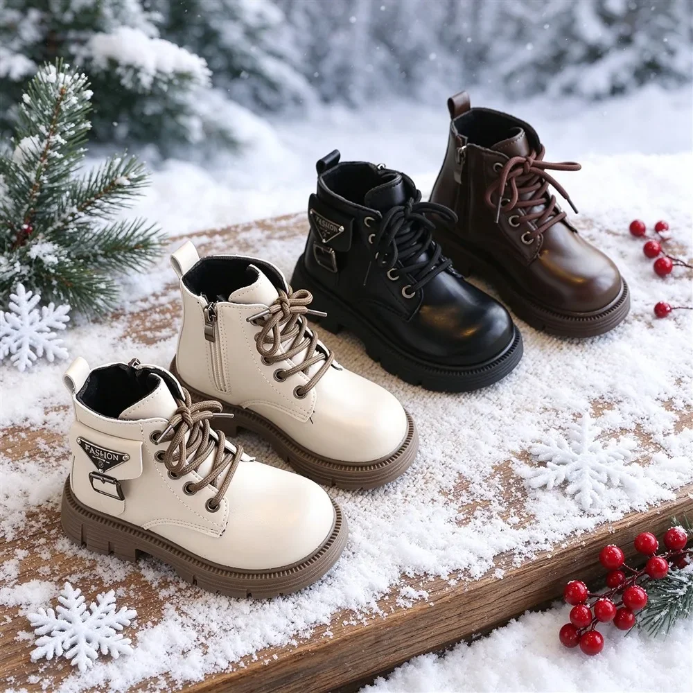 Kids Fleece Lined Ankle Boots, Lace-up & Side Zipper, Metal Label Decor, Non Slip Thick Sole Boots for Winter Daily Walking Wear