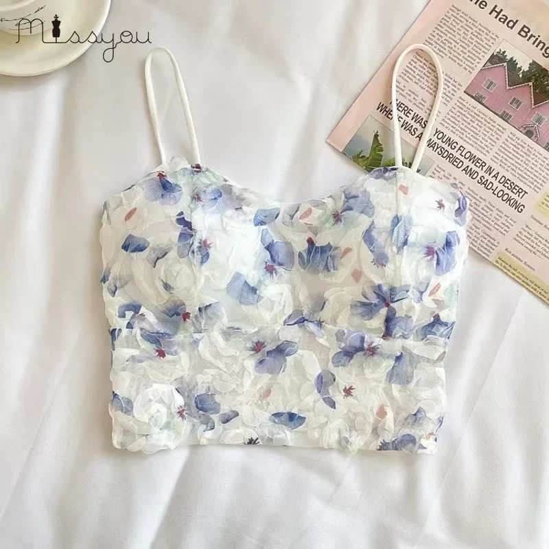 Sommer Süße Floral Korsett Weste Büro Dame Strand Stil Ärmellose Bluse Frauen Vintage Spitze Schlank Crop Top Koreanische Mode