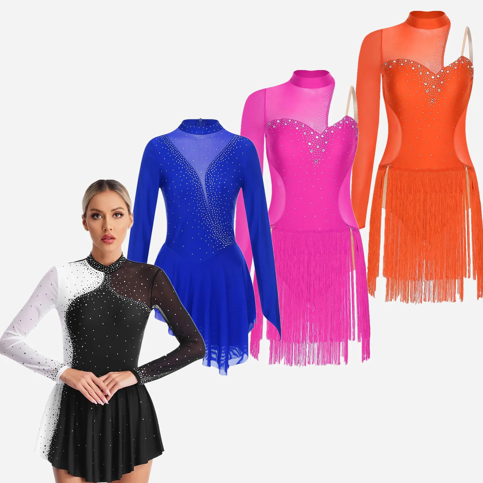

Women Gymnastics Figure Skating Latin Tango Dance Costume Sheer Mesh Sparkling Rhinestones Fringed Ballet Dance Dress Dancewear