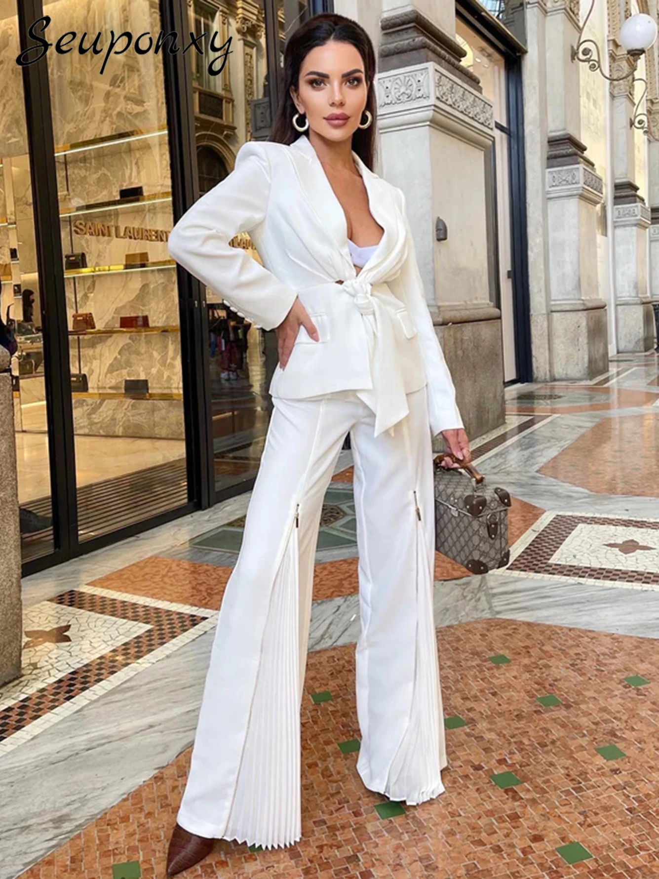 

High Quality Fashion Women 2022 New Slim Fit Set Sexy Lace-Up Blazer + Zipper Pleated Wide Leg Pants Party 2 Two Piece Set