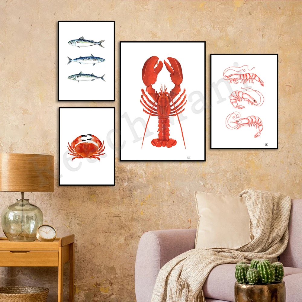 Lobster,Prawn,Mackerel Fish ,Crab Oil Paint Print, Kitchen Print, Marine seaside Print, Home Decor print, Art print