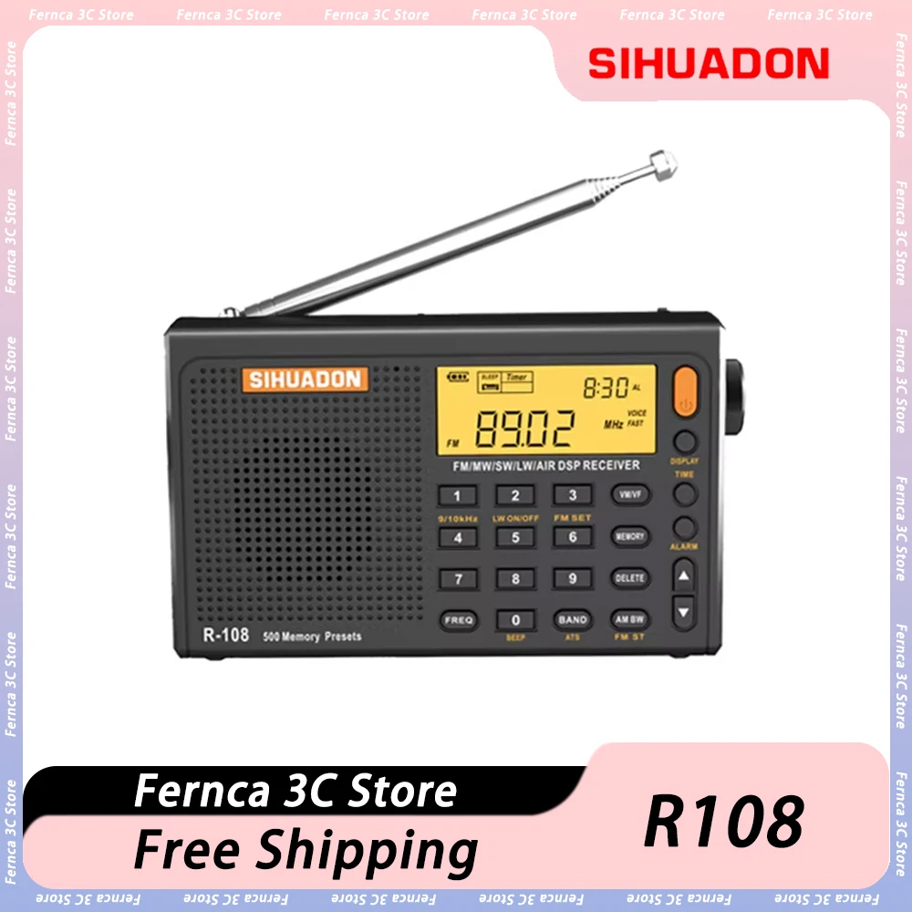 

SIHUADON R108 All-wave Radio Multifunctional Knob LCD Bancklight Display Portable Radio Lithium Battery For Camping Home Gift