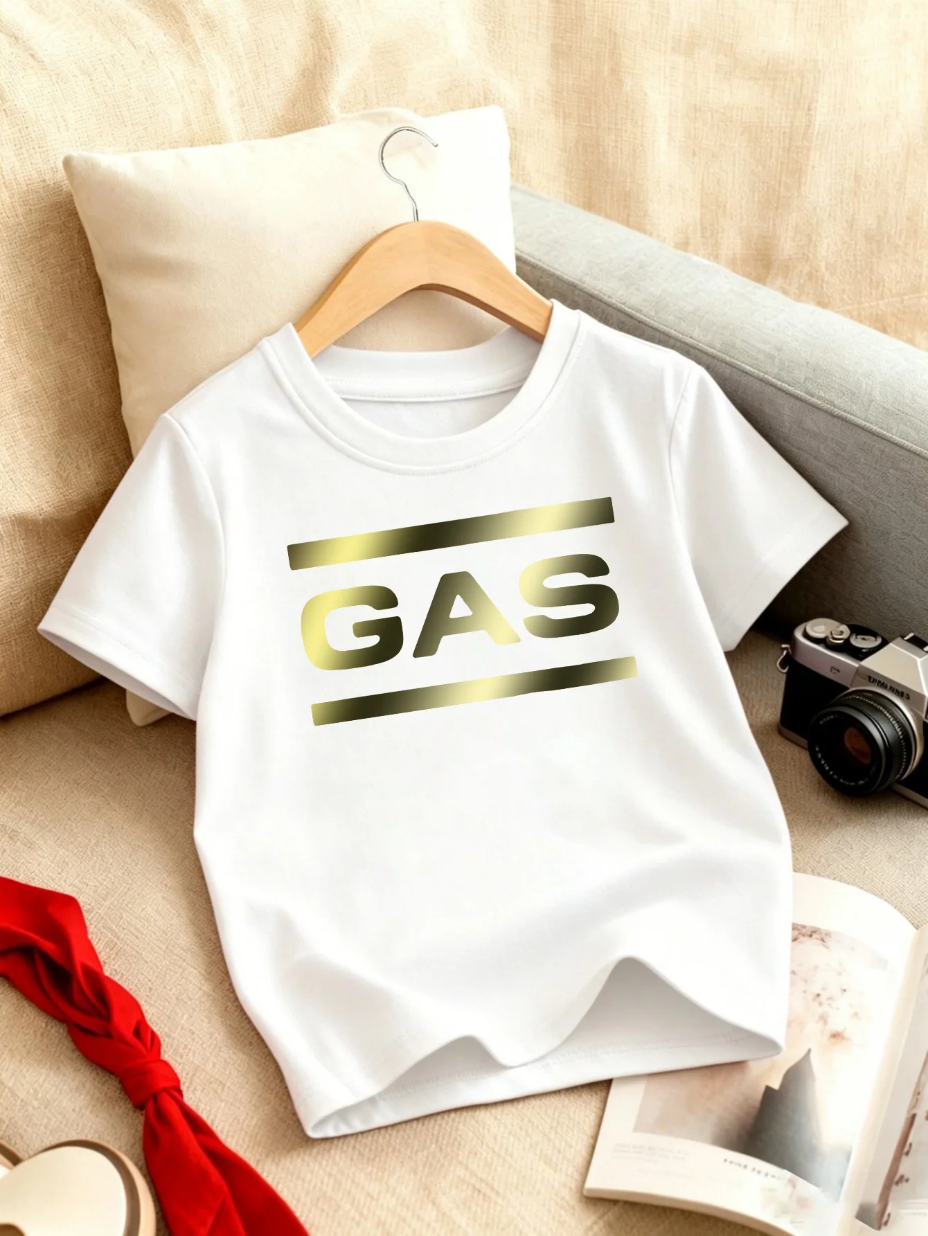 Metallic Gold GAS Letter Stripe Print Boys Girls Family Matching Cotton Short Sleeve Crew Neck Soft Summer Kids Casual Tees