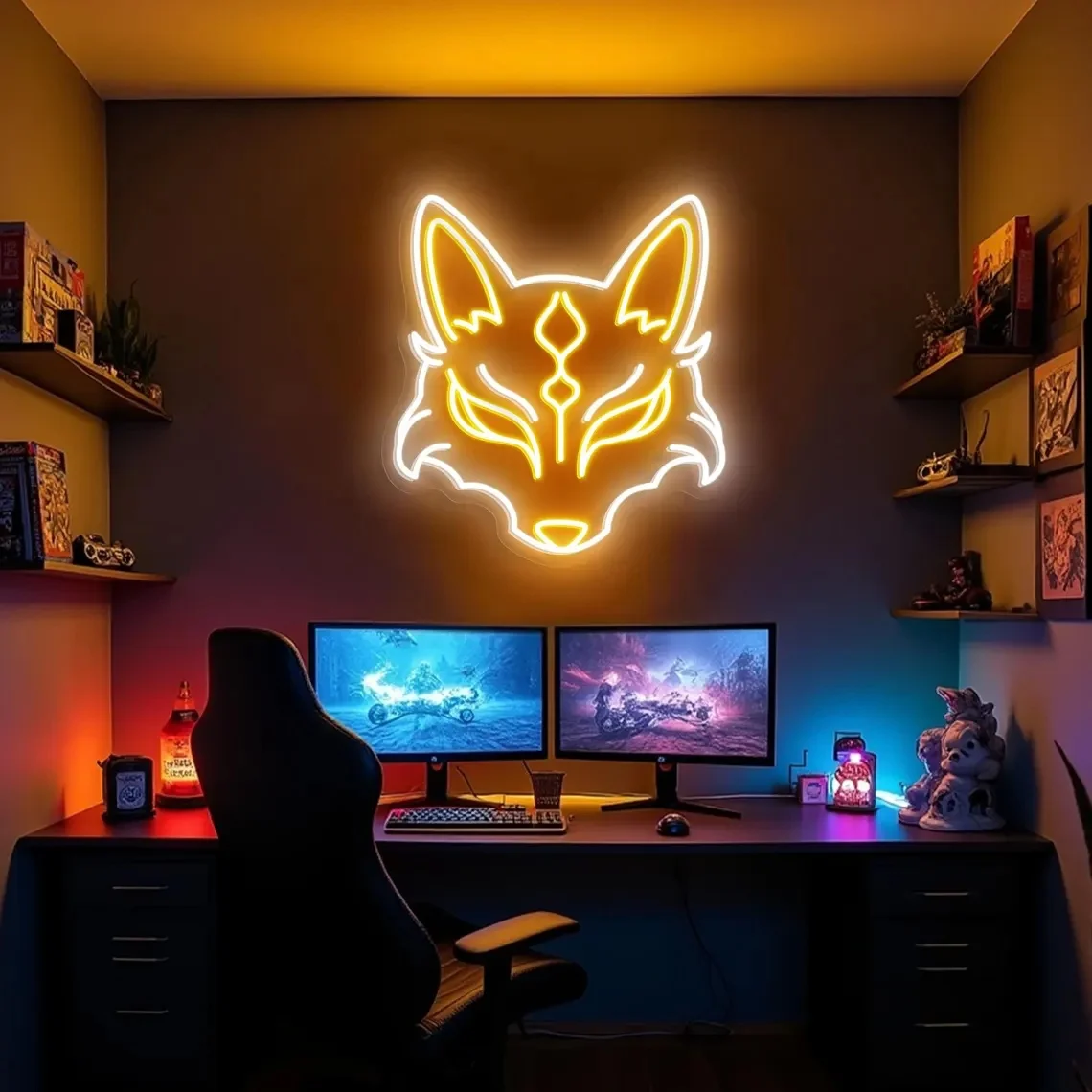 Maska Kitsune Neon Japoński Duch Lisa LED Dekoracja Ścienna Neonowy Znak Lis Neonowy Znak Anime Dekoracja Pokoju Neonowy Znak