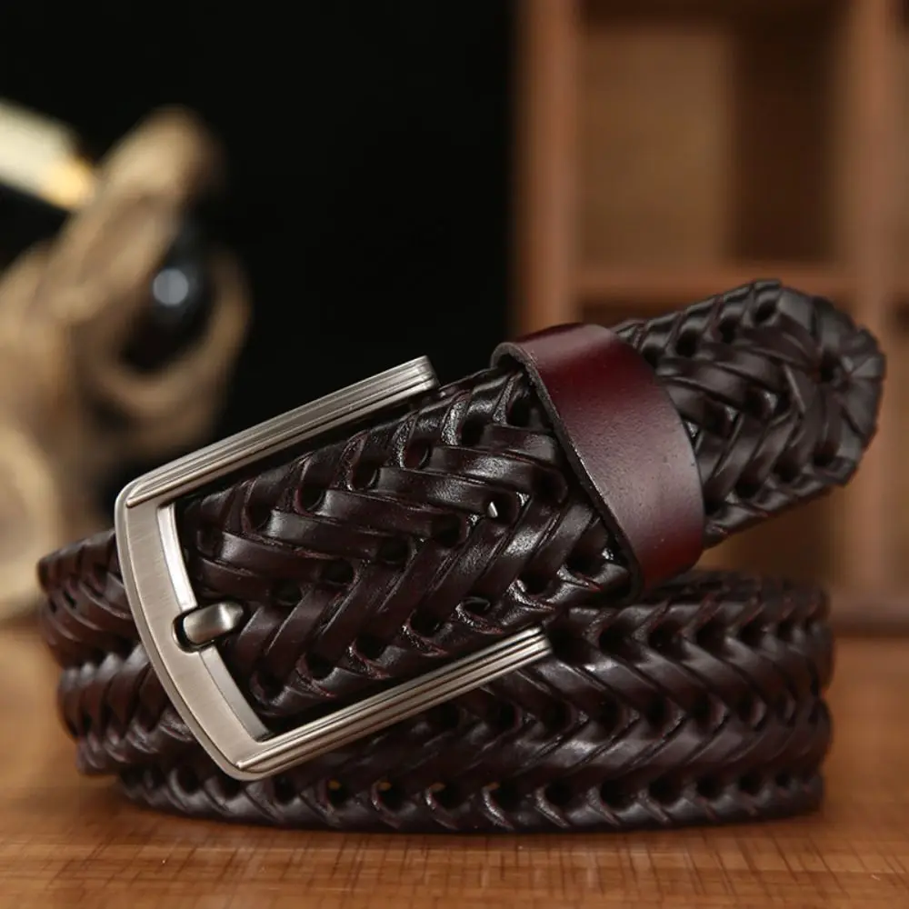 

Fashion Alloy Men Weave Belt Retro Square Buckle Male Genuine Leather Belt Brown Durable Jeans Waistband Gifts