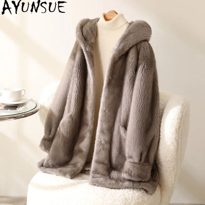 AYUSNUE Luxury Natural Mink Fur Coat Women Clothing Winter Jacket Mid-length Real Fur Coat Warm Hoodie Purple Label Шуба Женская