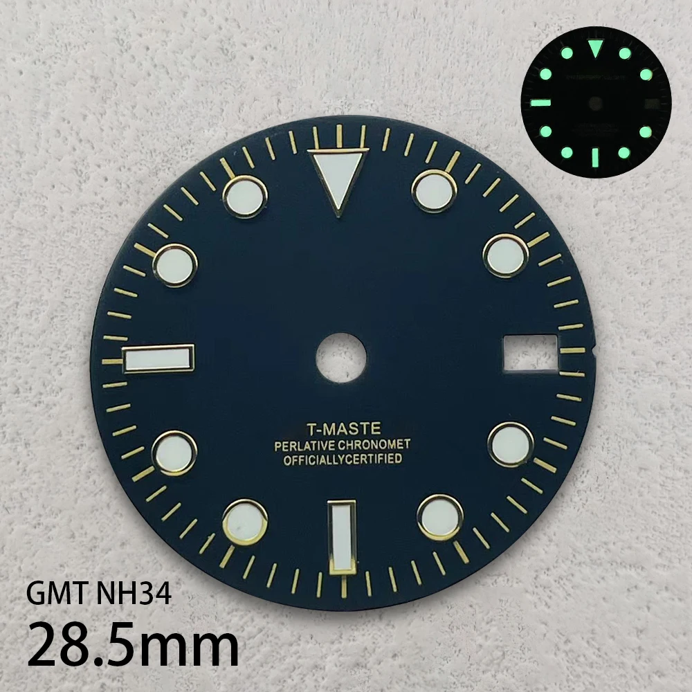 28.5mm S Logo Black GMT Dial Fit NH34 Japanese Movement Green Luminous Watch Modification Accessories