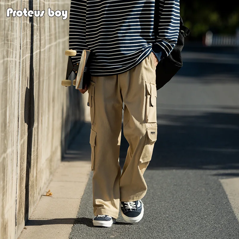 

ProteusBoy American Retro Pure Cotton Multi-ket Straight Leg Dstring Outdoor Sports Casual Work Pants K502