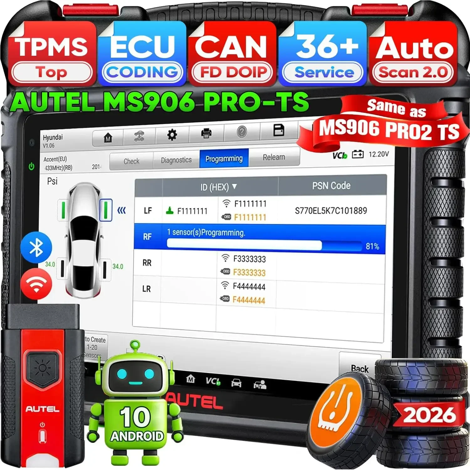 Autel MaxiSYS MS906 PRO-TS Scanner, Full TPMS, Top ECU C0ding & 3000+ Test | 2026 Same As MS906 PRO2-TS MK906S PRO2-TS Up of MP900TS MS906MAX MS906PRO, 36+ Service, Bidirectional, CAN FD&DoIP, FCA OS 10