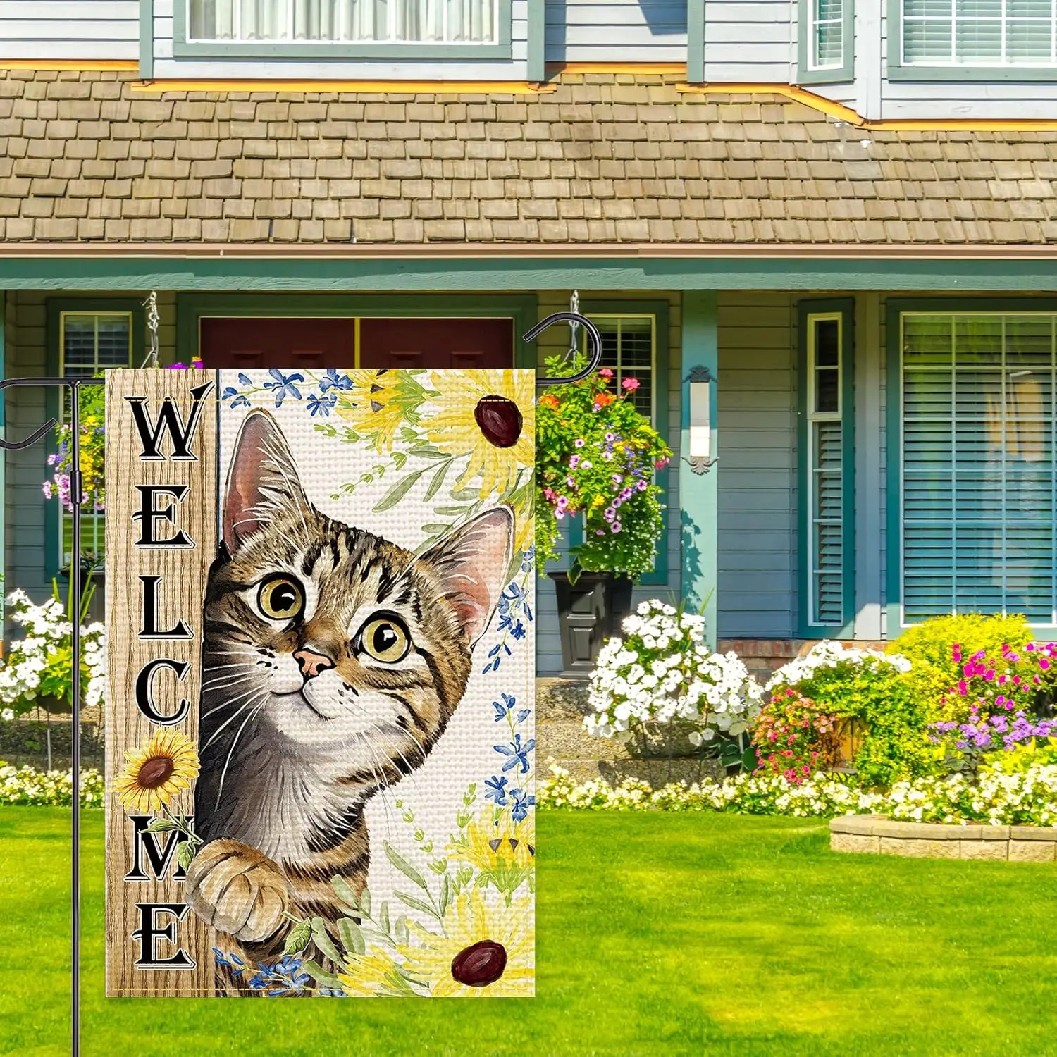 Balgardekor Welcome Summer Garden Flag Cat Sunflower 12×18 Inch Double Sided Vertical Outside Yard Flag Farmhouse Burlap Wel llz
