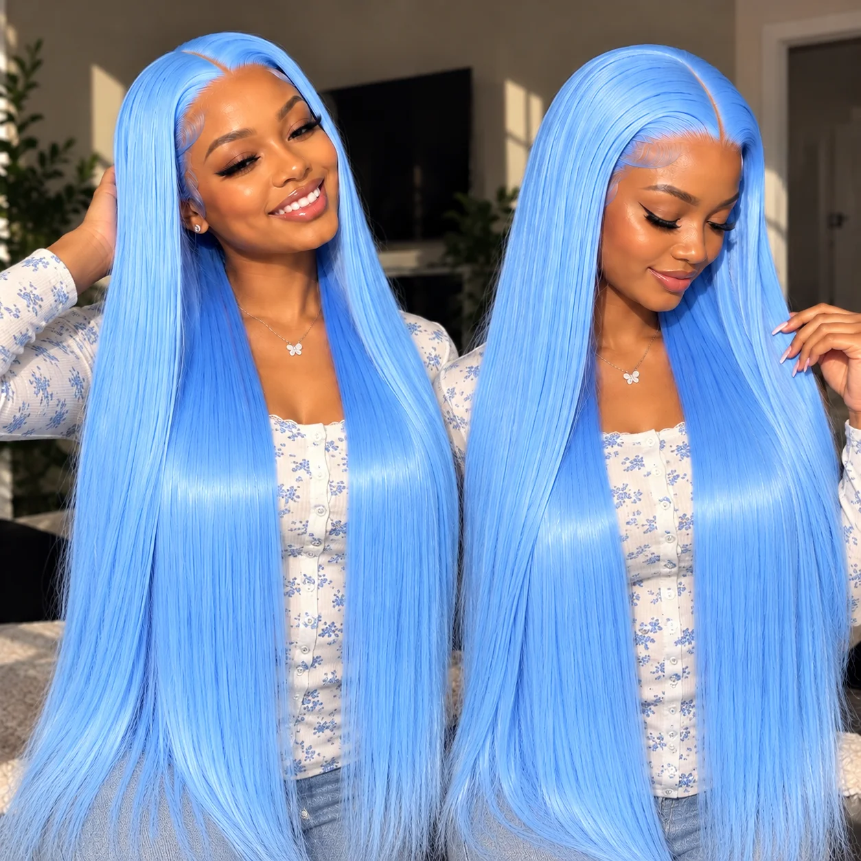 Women Glueless Light Blue Long Straight Synthetic Lace Front Wig, 28 Inch 180% Density Pre Plucked 13×4 Lace Wig, Heat Resistant Hair for Daily Wear Party Cosplay Daily Wear