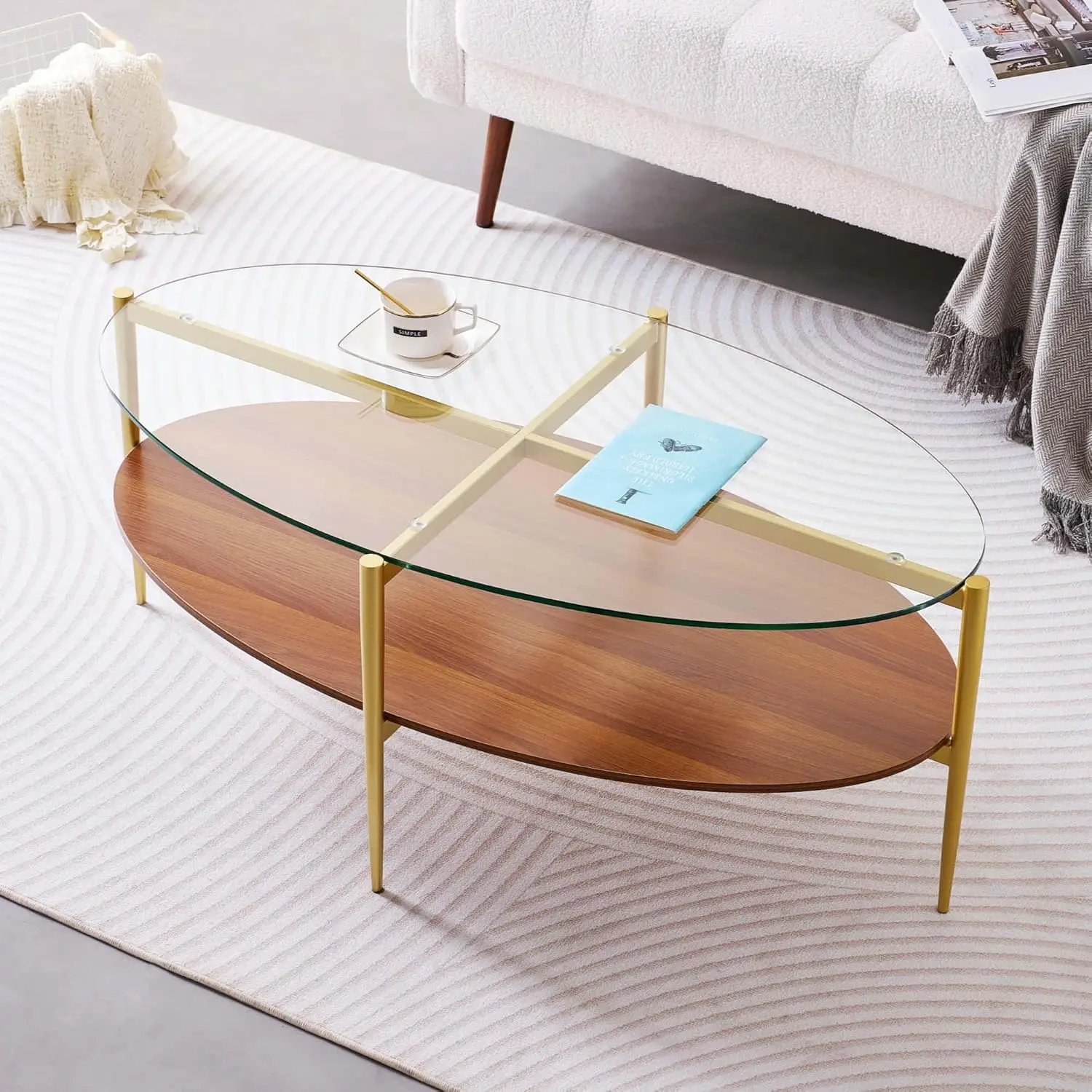 

Oval Glass Coffee Table, Mid-Century Modern Design, L43 x W22 x H17 inch, 2-Tier Structure, Olive Shaped Clear, Customized