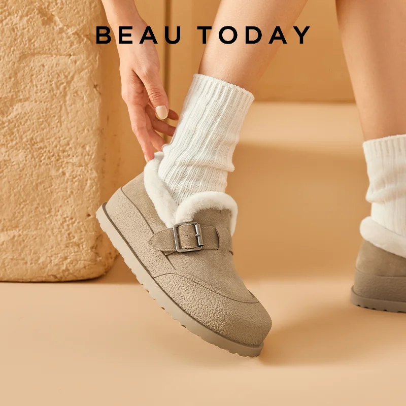 BEAUTODAY Winter Shoes Women Cow Suede Round Toe Buckle Design Warm Short Plush ladies Flat Shoes Handmade 22814