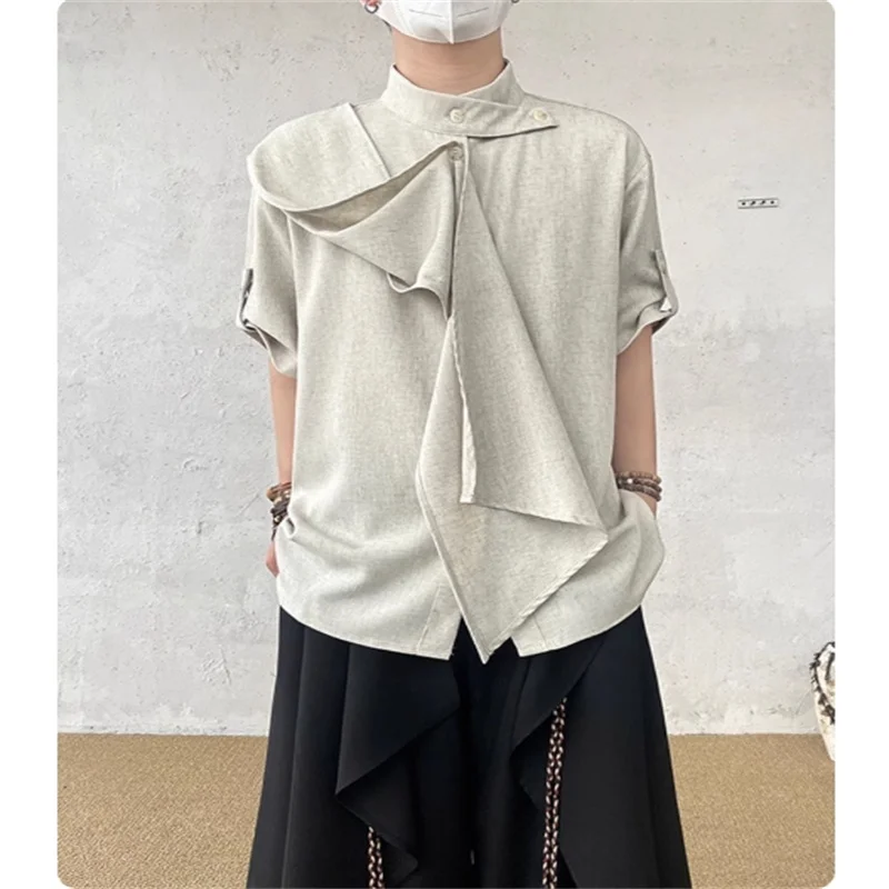

2025 French retro ribbon scarf stand-up collar shirt, summer high-end androgynous style shirt