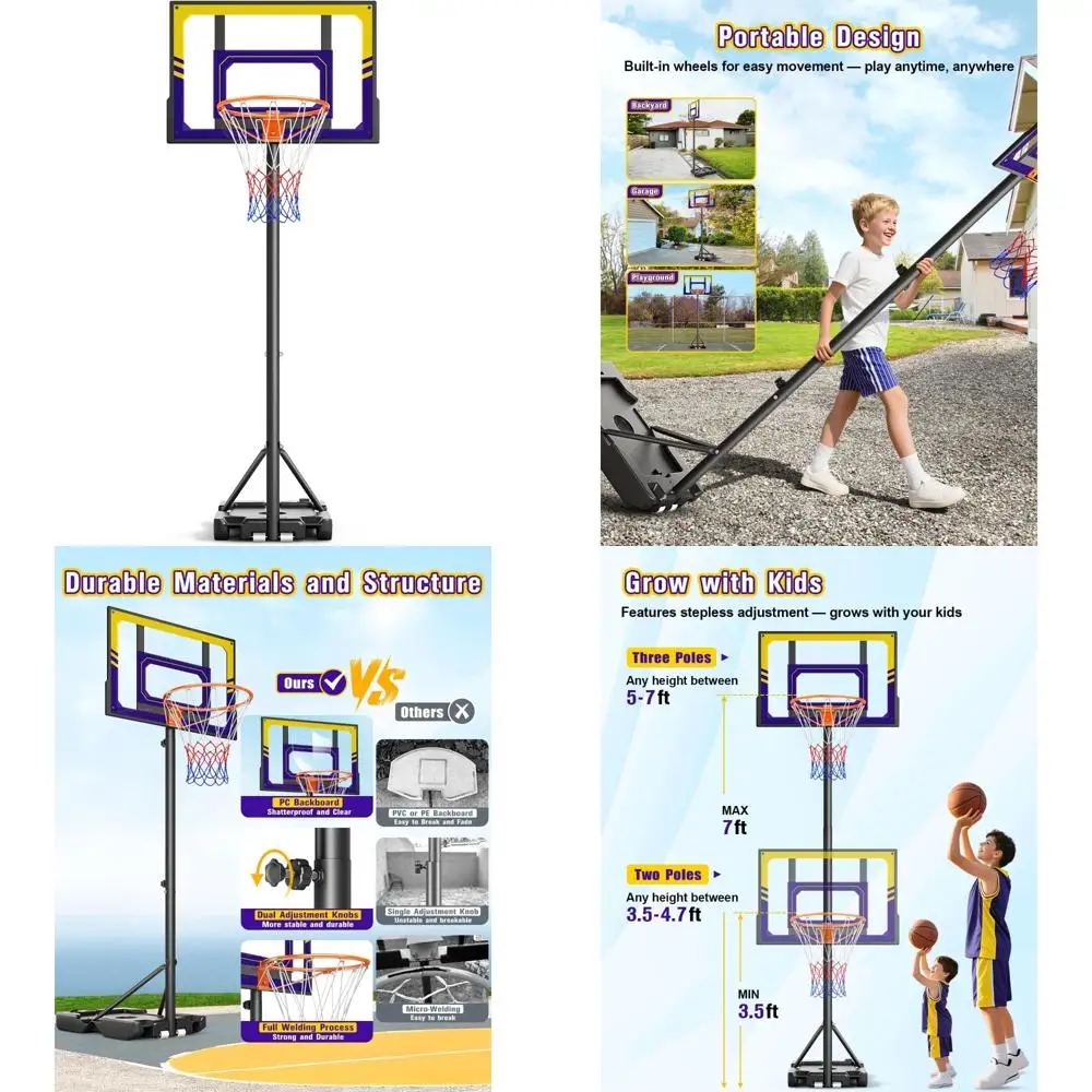 

портативное регулируемое детское баскетбольное кольцо высотой от 3,5 до 7 футов, открытый подъездной корт на заднем дворе