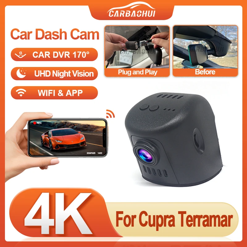 

Видеорегистратор Plug and play 4K HD для Cupra Terramar 2024 2025, Автомобильный видеорегистратор со встроенным Wi-Fi-приложением, ночным видением, G-Sensor, циклическая запись