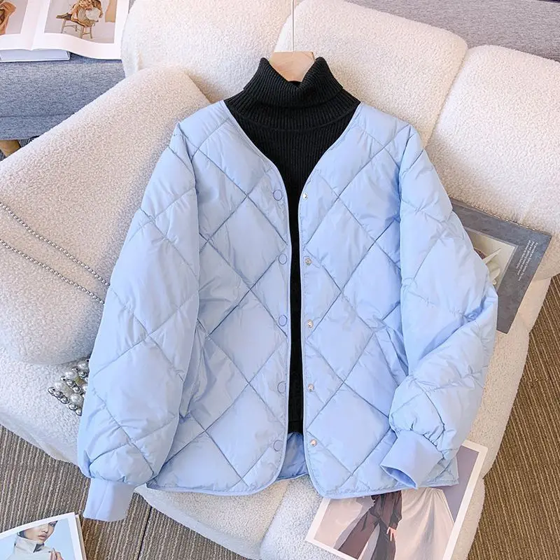 Winter Down Cotton-Padded Coat Women Diamond Grid Button Puffer Warm Korean Jackets Short Lightweight Warm Commuting Jackets