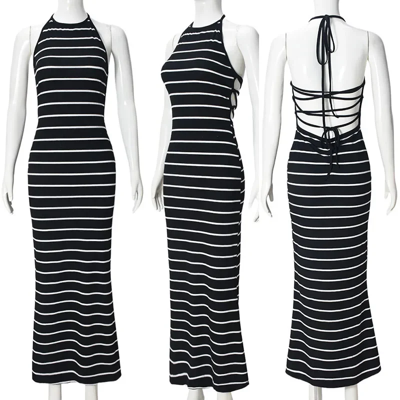 Sexy Striped Print Sheath Slim Summer Maxi Dresses Women Sleeveless Backless Halter Lace-up Bodycon Long Dress Vestidos Largos