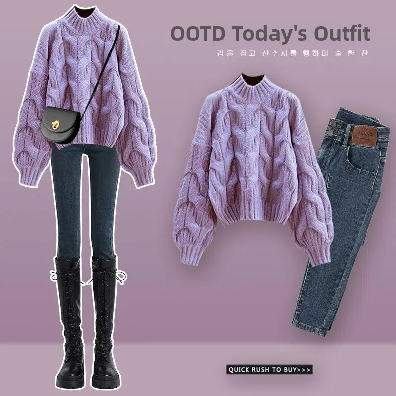 

Фиолетовый вязаный свитер Fufu для женщин, осенне-зимний джинсовый комплект, одежда серии Gentle Milk, высококачественный вязаный топ с узором косы