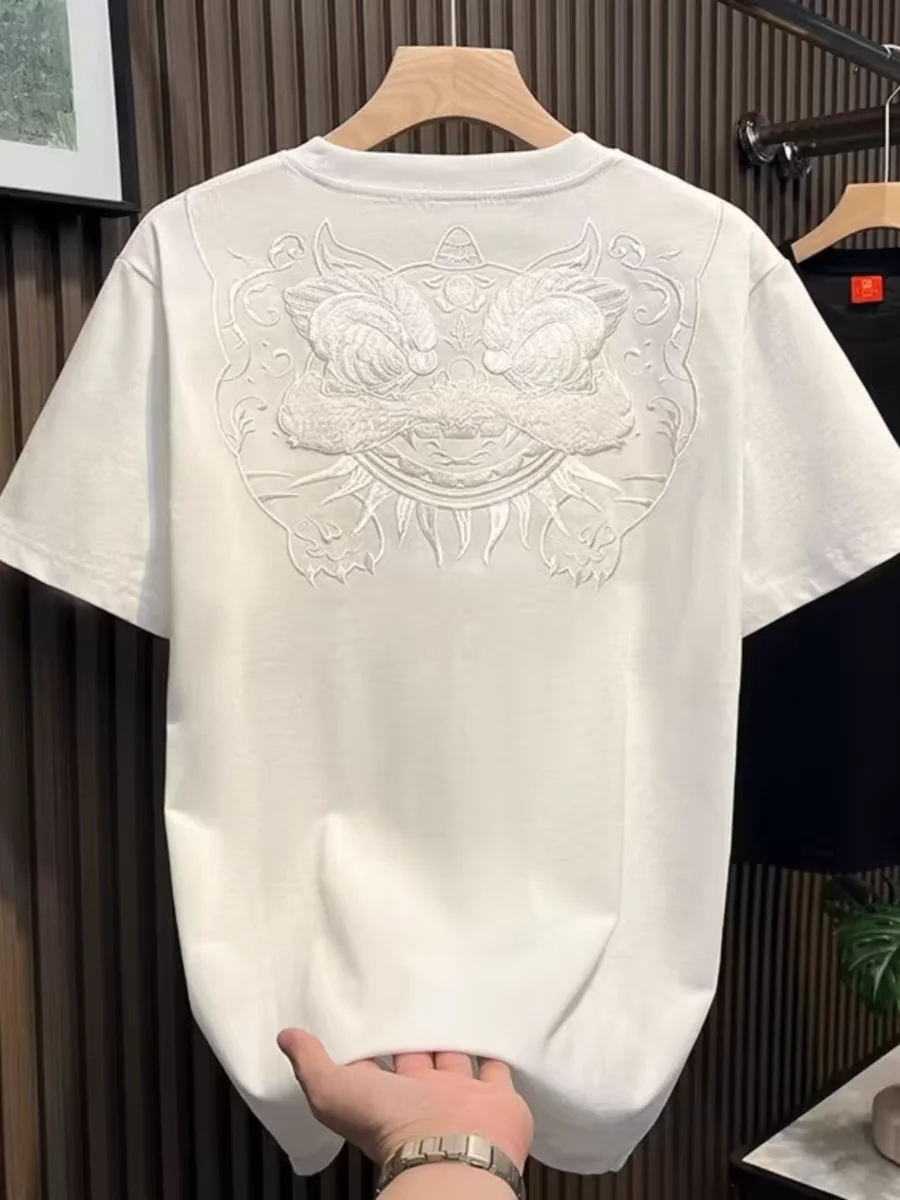 Youth Embroidered Short Sleeve T-Shirt Pure Cotton Casual Summer Base Shirt Men's 2025 Fashion Breathable round Neck Tee