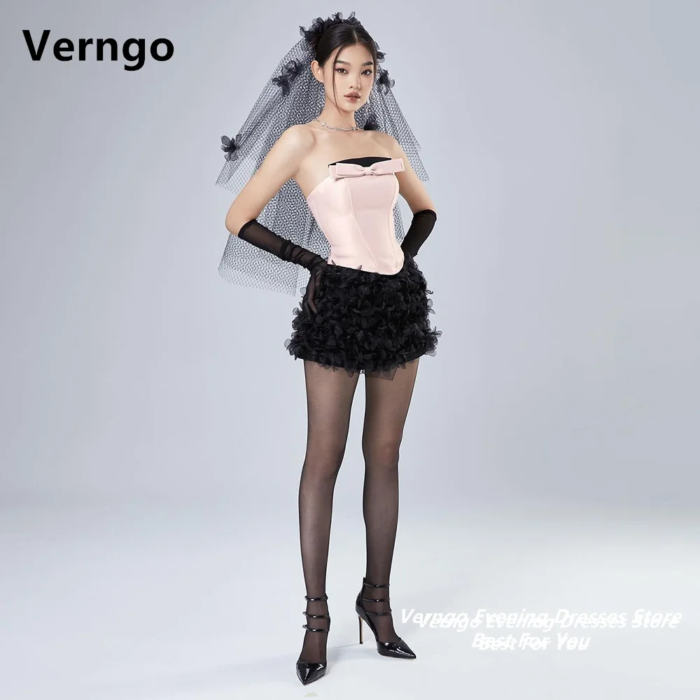 

Verngo Contrast Color Bow Strapless Sleeveless Mini Party Dress Bone Tiered Korea Dress For Women Princess Evening Gown