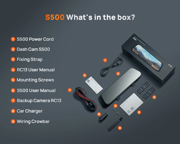 70mai Rearview Dash Cam S500 9.35'' Touch Screen 70mai S500 Car DVR 3K Super Capacitor Dual-Channel HDR Voice Control 24H Park