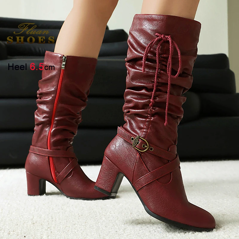 2025 خريف شتاء الأحمر القوس مطوي المرأة منتصف العجل الأحذية جولة تو فارس الأحذية سميكة سوليد الكعوب 6.5 سنتيمتر الجانب سستة مكدسة الأحذية #6