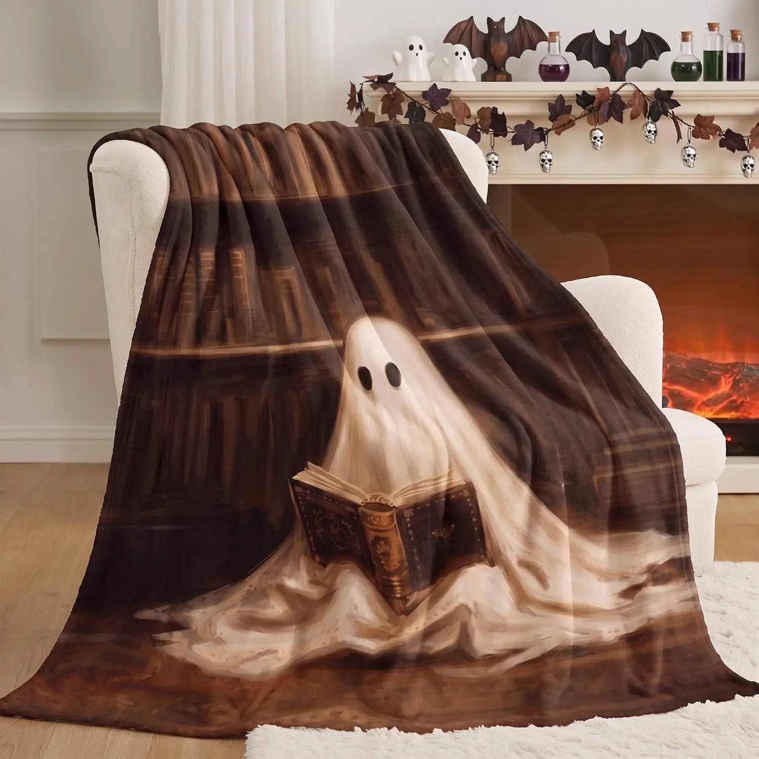 Cute Ghost Reader Blanket Halloween Reading Book Throw Blankets