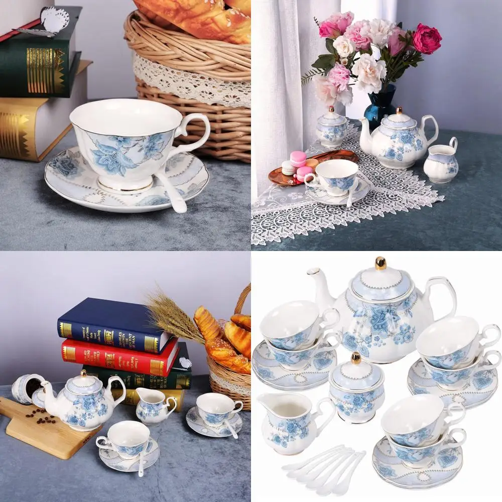 

Blue Porcelain Tea Set for 6 with Cup, Saucer, Sugar Bowl, and Cream Pitcher, Ideal for Weddings and Tea Parties