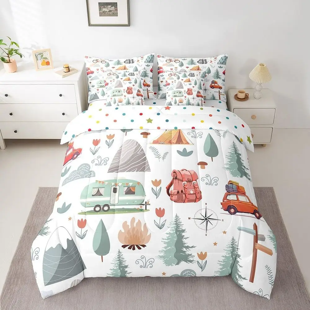 Twin Size Happy Camping Comforter Set with 7 Pieces, Botanical Flowers & Mountain Adventure Theme, Perfect for Travel and RV Use