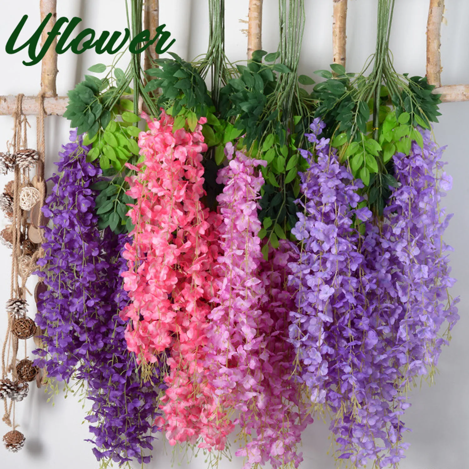 Uflower 6/12 Stück Künstliche Glyzinien-Girlande 110CM Seidenblumen Efeu-Blatt-Ranken für Hochzeitsbogen Wand Heim Garten Party Dekoration