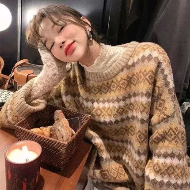 

Winter Knitwear Pullover Sweaters For Women Top Blue Vintage Long Loose Sweats Warm Korea Fashion Kawaii Jumper Y2k Clothes