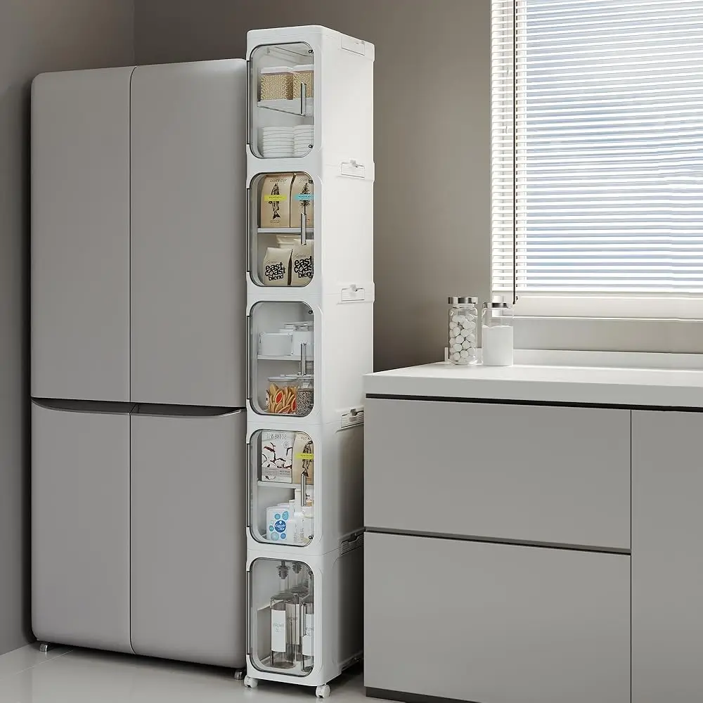 5-Tier Tall Narrow Storage Cabinet, Slim Bathroom Storage Cabinet With Adjustable Shelves And Wheels, Narrow Organizer For