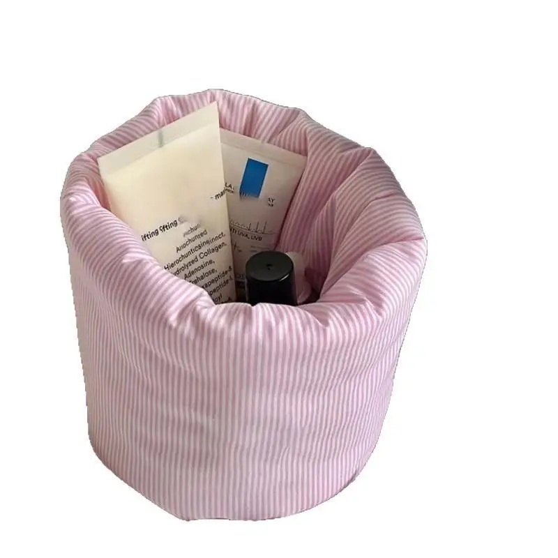Striped Fabric Storage Basket Soft Collapsible Cosmetic Organizer Bucket Makeup Brush Holder for Small Space Use