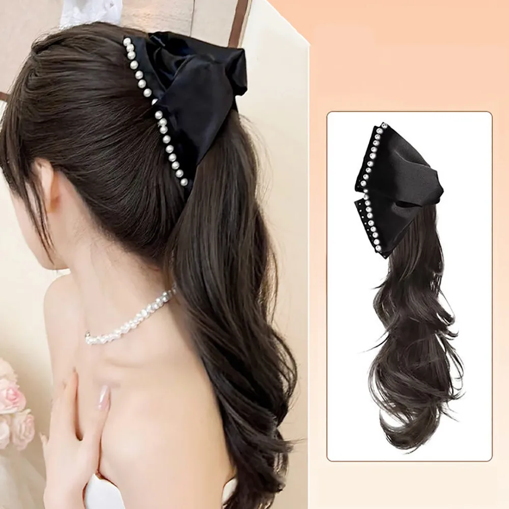 Synthetische Pruik Elegante Vrouwen Parel Zwarte Boog Clip Krullend Pruik Natuurlijke Golvende Nep Paardenstaart Grabber Extensie