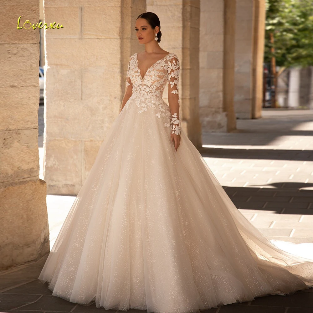 Loverxu A-lijn Elegante Trouwjurken V-hals Lange Mouw Tule Vestido De Novia Applicaties Kralen Chic Custom Made Bruidsjurk