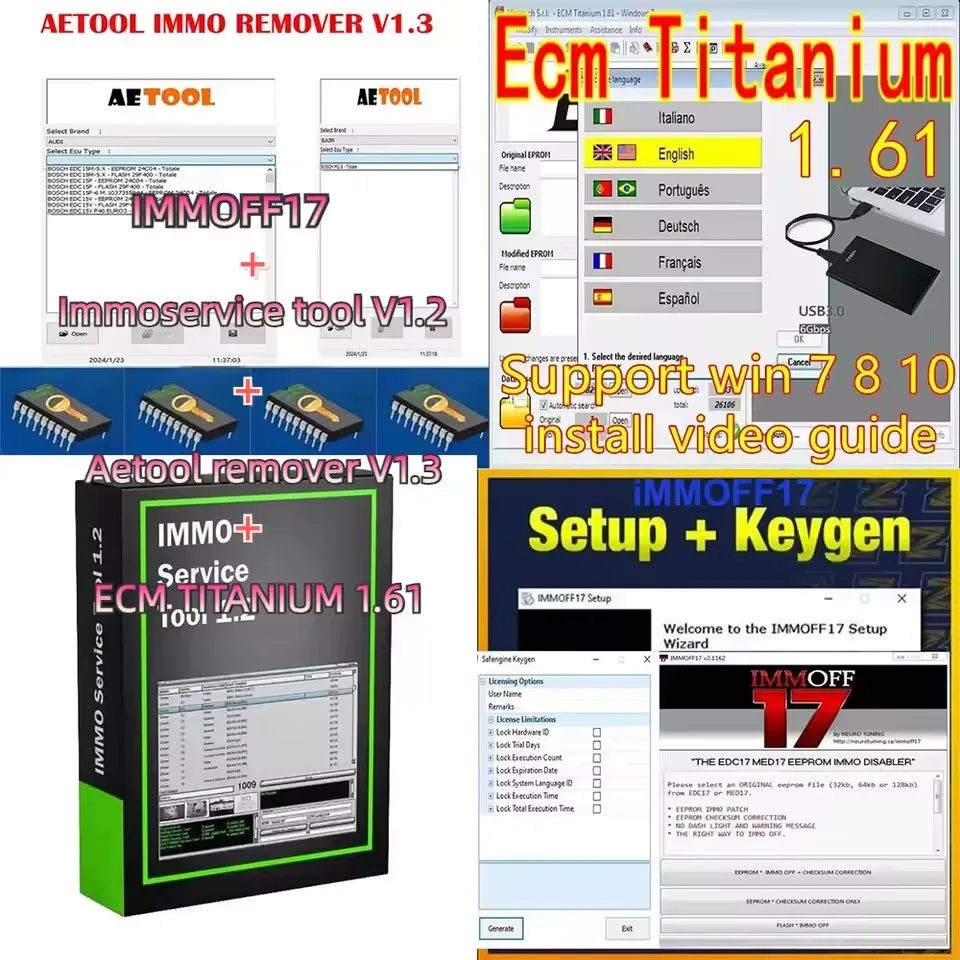 ECM TITANIO 1. 61+ IMMOFF17 + IMMO SERVICE TOOL V1.2 + AETOOL REMOVER V1.3 AETOO con keygen Immo Off Ecu programa software ele