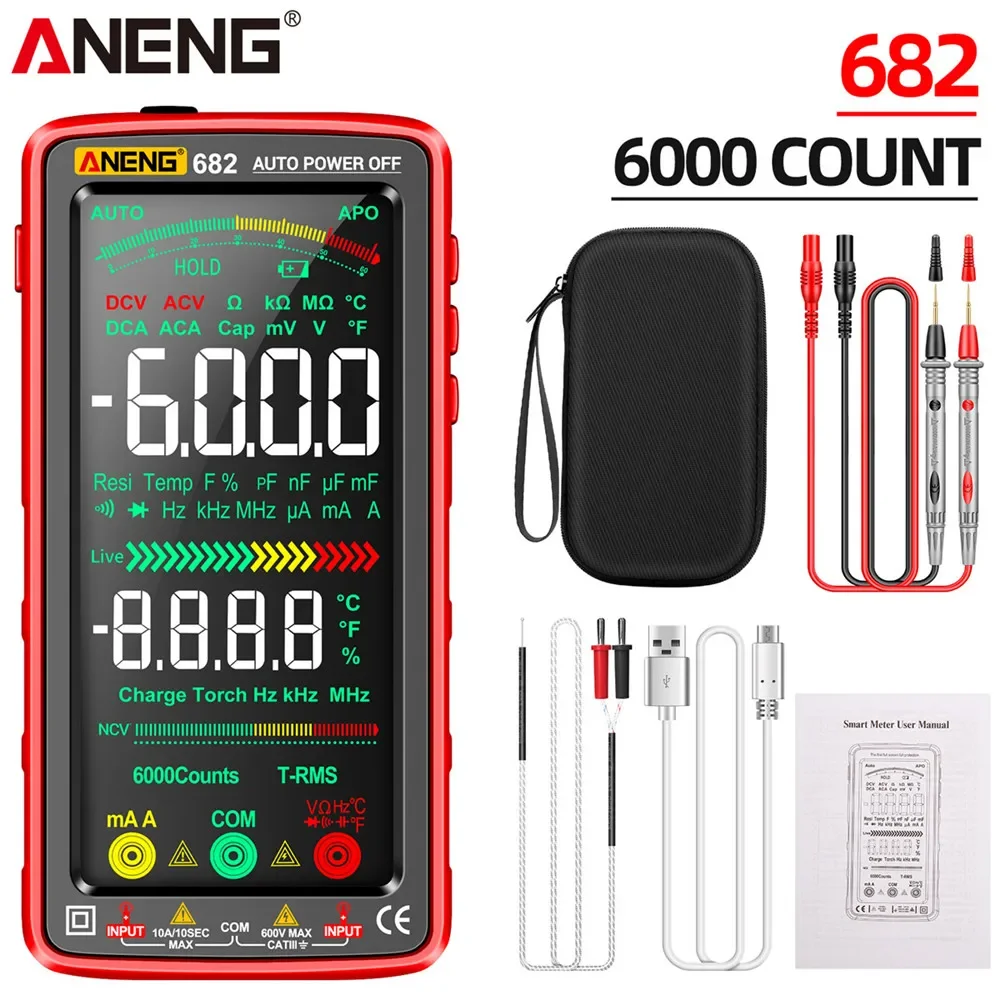 ANENG Digital Multimeter Tester Rechargeable 682 VA Reverse Screen 6000 Counts AC DC Voltmeter Temperature Diode Detection Tools