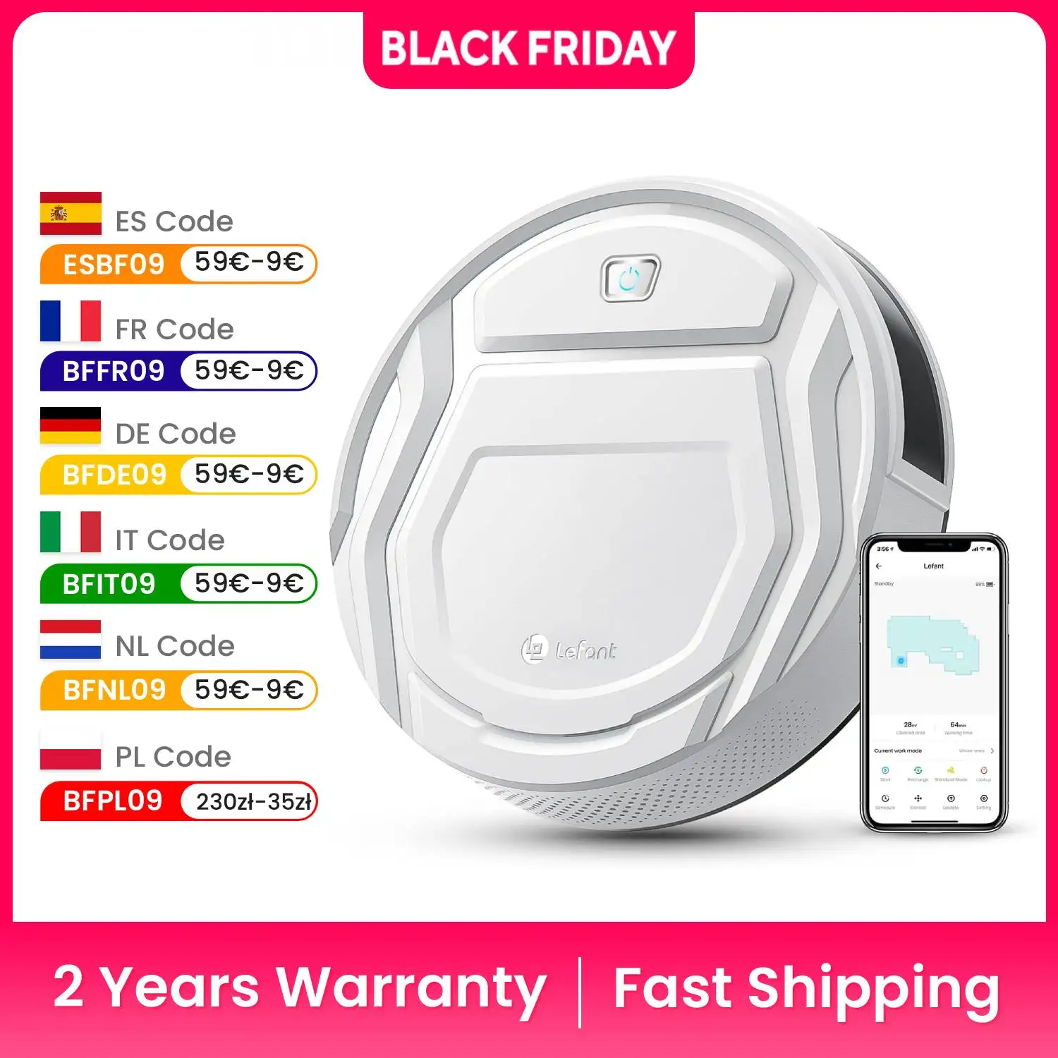 เครื่องดูดฝุ่นหุ่นยนต์ Lefant M210, การดูด 2000Pa, ระยะเวลาใช้งาน 120 นาที, เสียงรบกวนต่ํา, การชาร์จตัวเองอัตโนมัติ