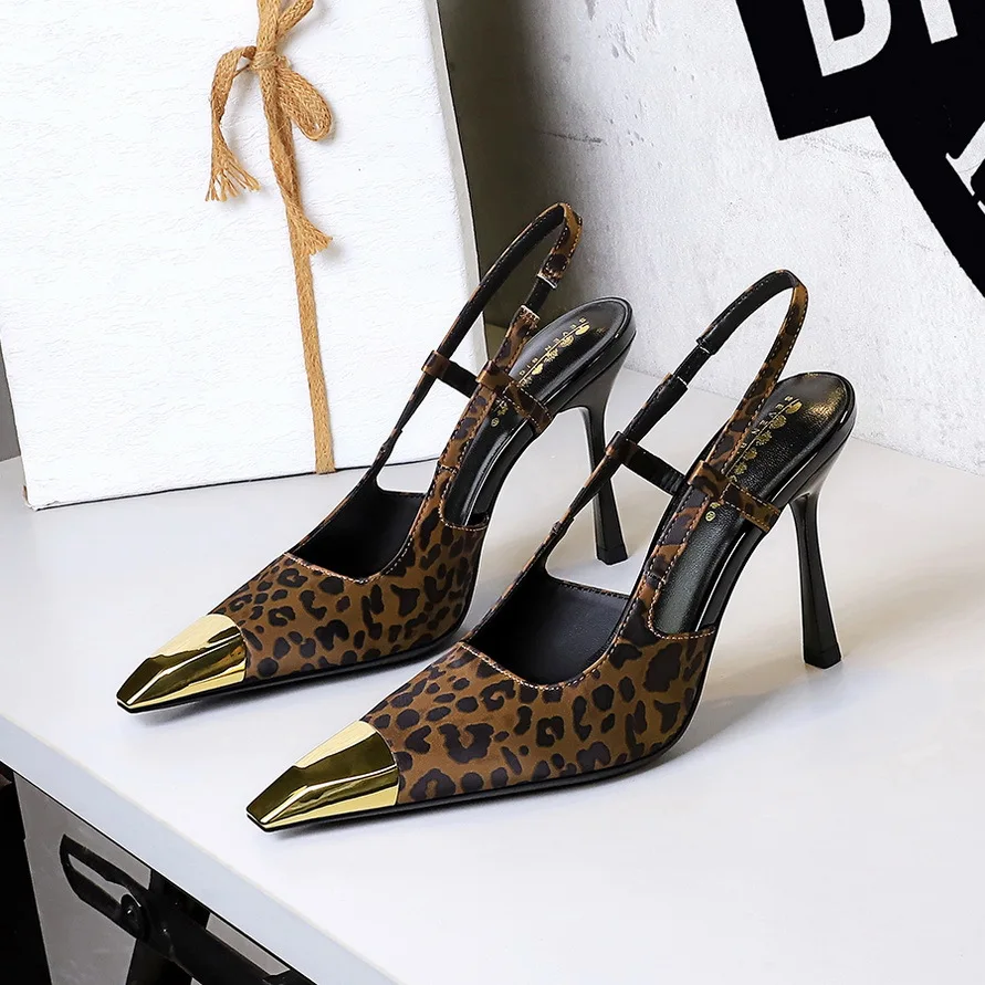 

High heels 2026 spring slim heel leopard print back hollow metal pointed toe strap high heels single shoes women's shoes