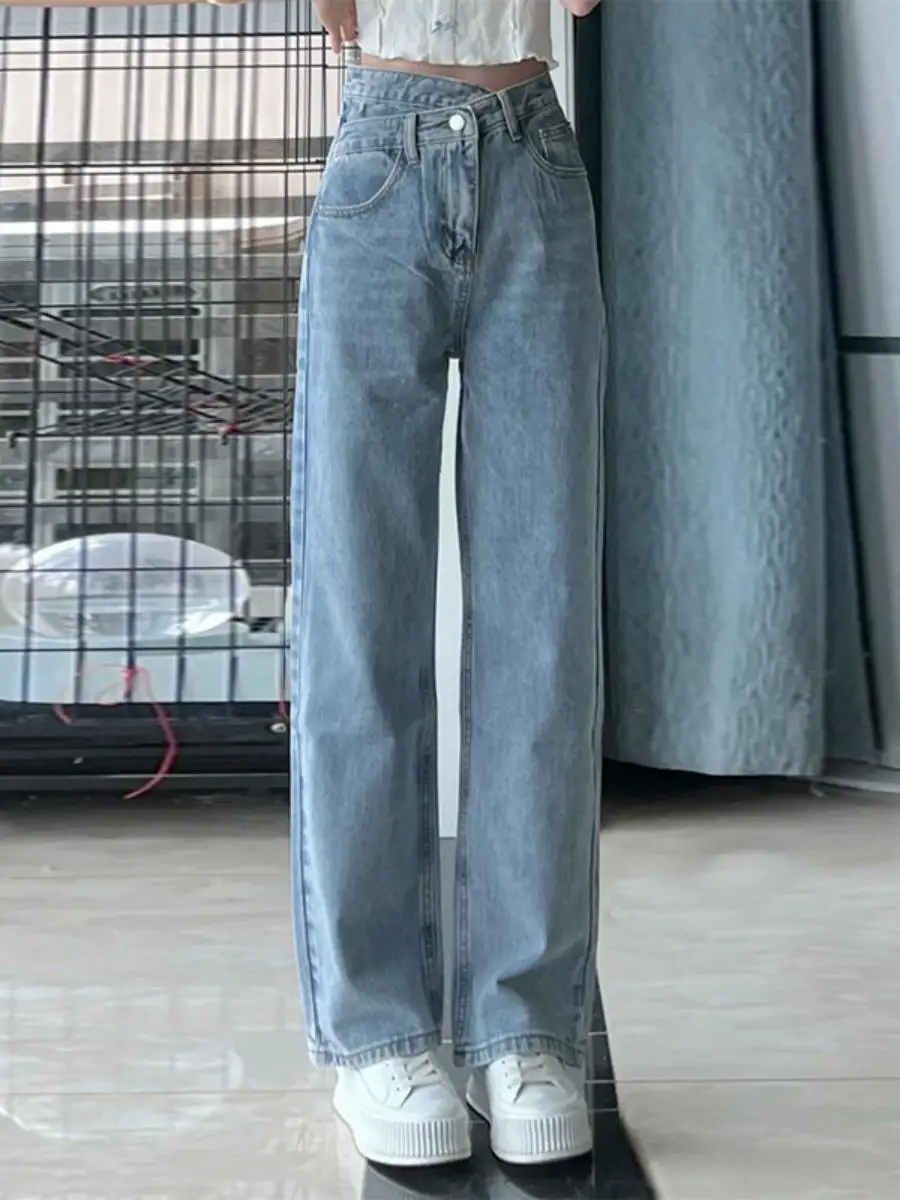 

Прямые джинсы с высокой талией, женские универсальные джинсы большого размера, утягивающие драпированные широкие брюки длиной до пола, модные асимметричные брюки...