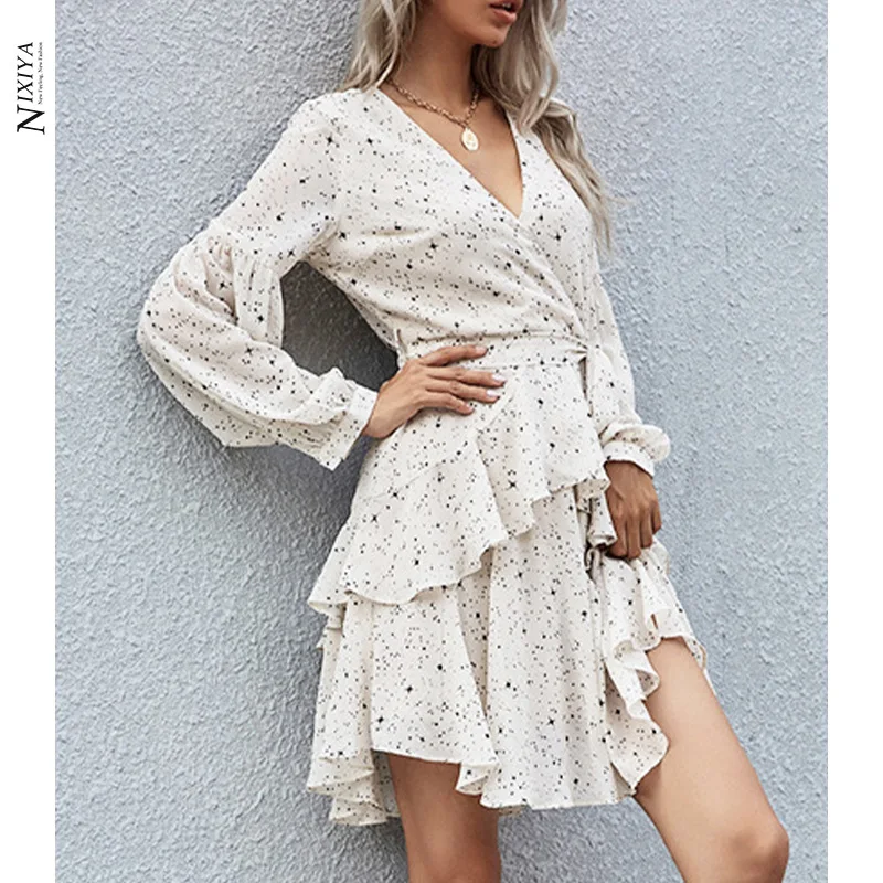 

Spring See Through Long Sleeve Mini Dress Sexy V Neck Waist Lace Up Irregular Dress Elegant Printed Ruffle Pleated A-Line Dress